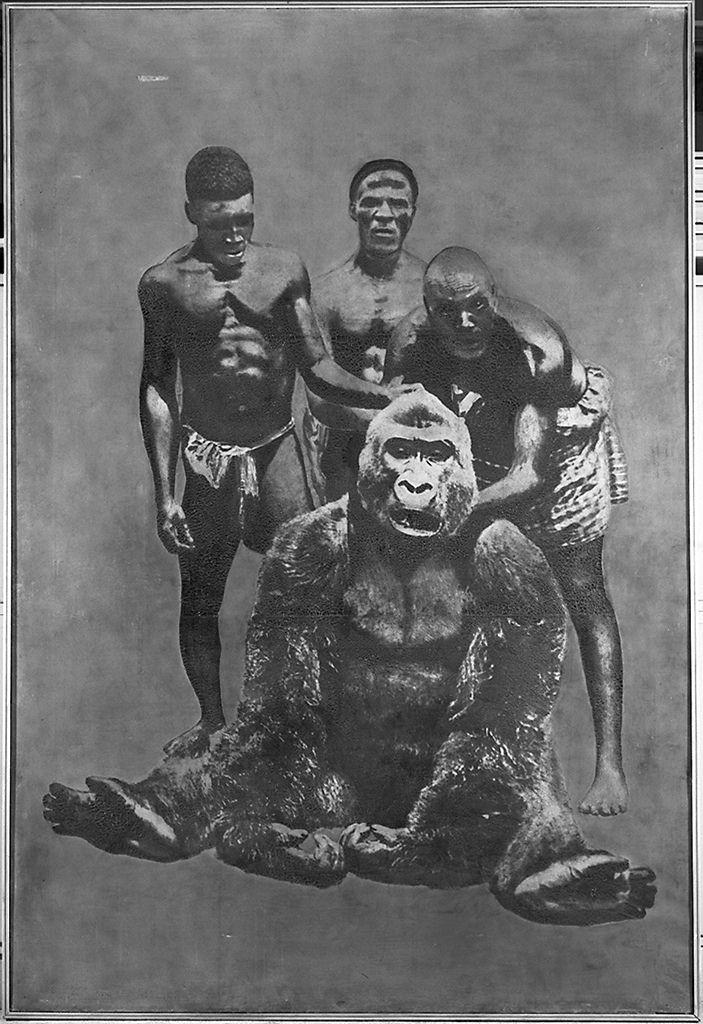 gruppo di indigeni africani e scimmia (stampa a colori) - ambito italiano (primo quarto sec. XX)