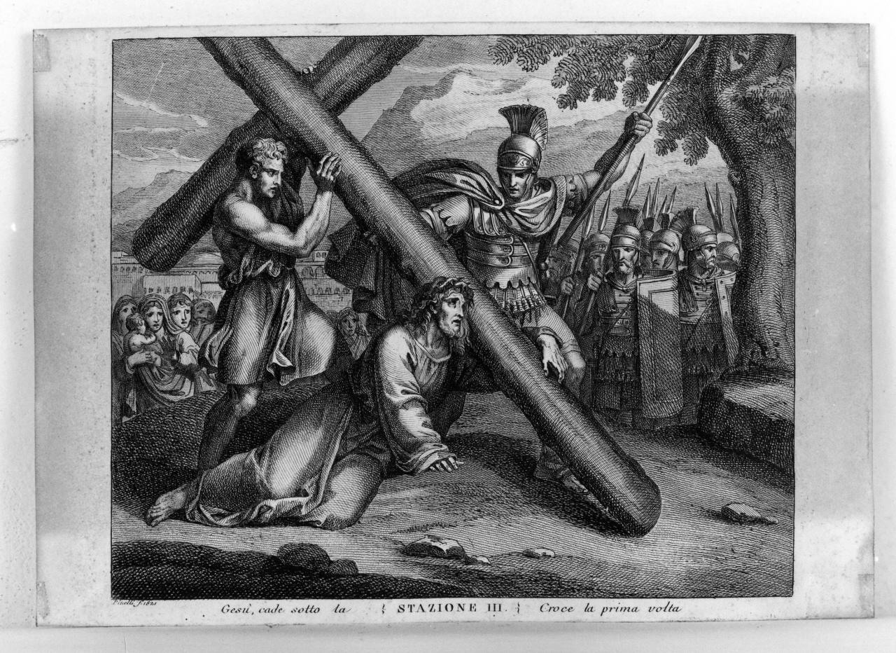 stazione III: Gesù cade sotto la croce la prima volta (stampa) di Pinelli Bartolomeo (sec. XIX)