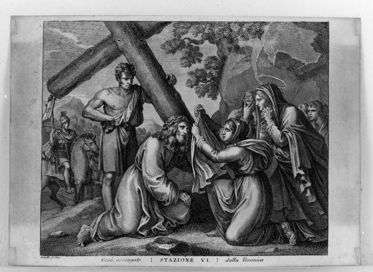 stazione VI: Gesù asciugato dalla Veronica (stampa) di Pinelli Bartolomeo (sec. XIX)