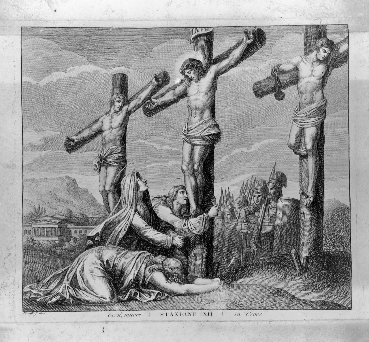 stazione XII: Gesù innalzato e morto in croce (stampa) di Pinelli Bartolomeo (sec. XIX)