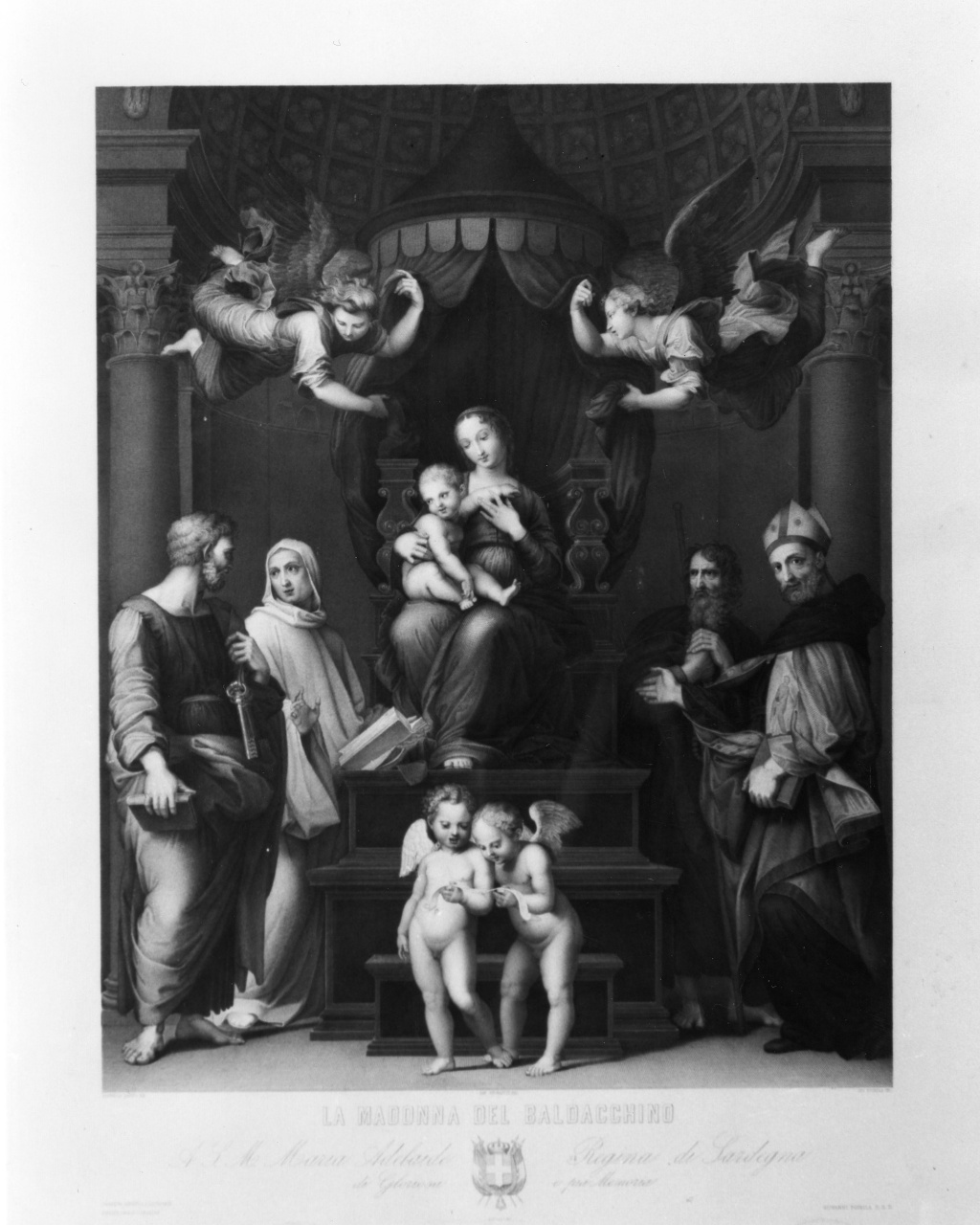 La Madonna del Baldacchino, Madonna con Bambino in trono con san Pietro, san Bruno o san Bernardo, san Giacomo, sant'Agostino e angeli (stampa) di Sanzio Raffaello detto Raffaello, Buonaiuti Raffaello, Fosella Giovanni (terzo quarto sec. XIX)
