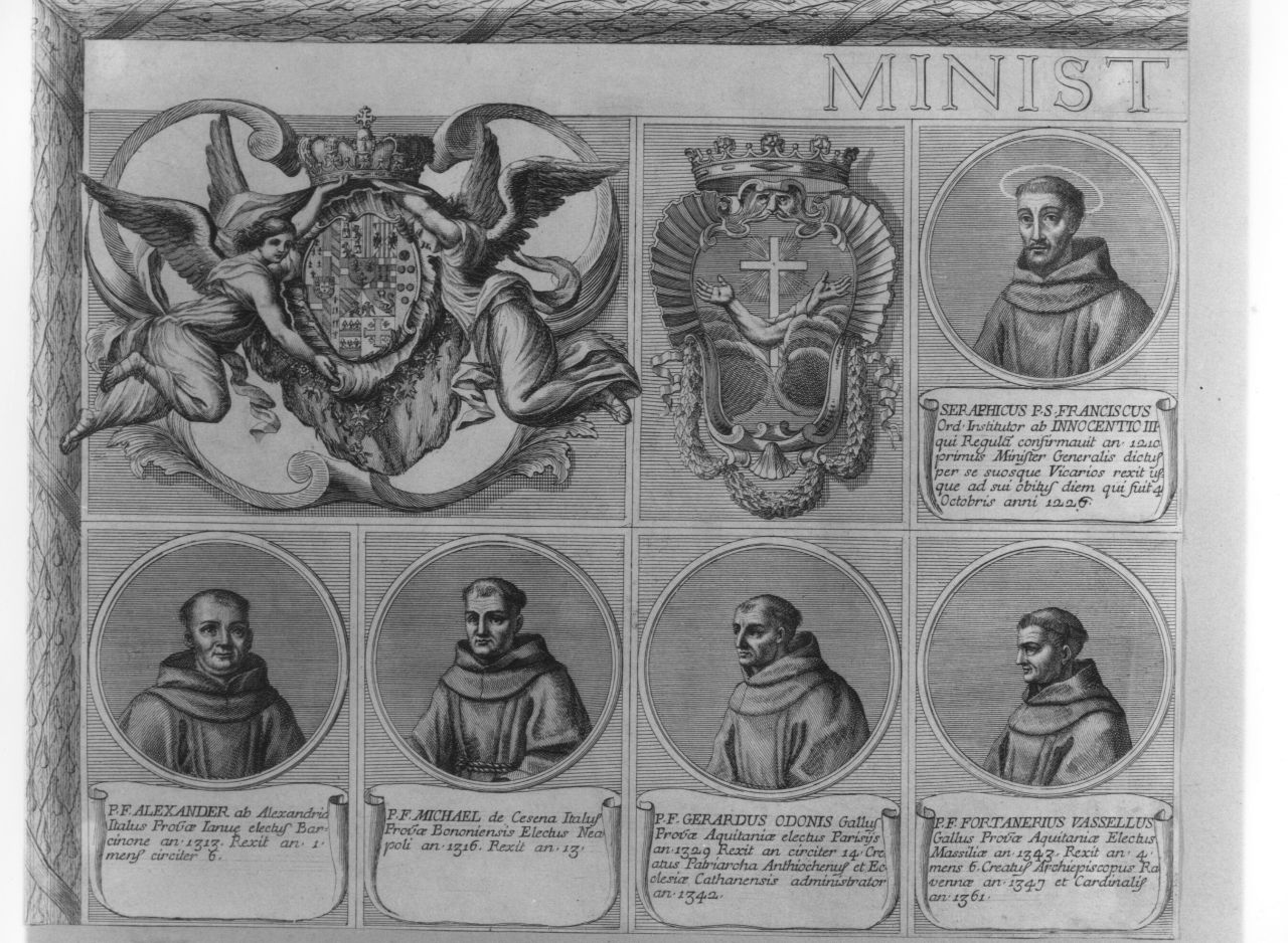 ministri generali dell'ordine francescano (stampa tagliata) di De Rossi Andrea, Persichini Raffaele, Banzo Al (terzo quarto sec. XVIII, sec. XIX)