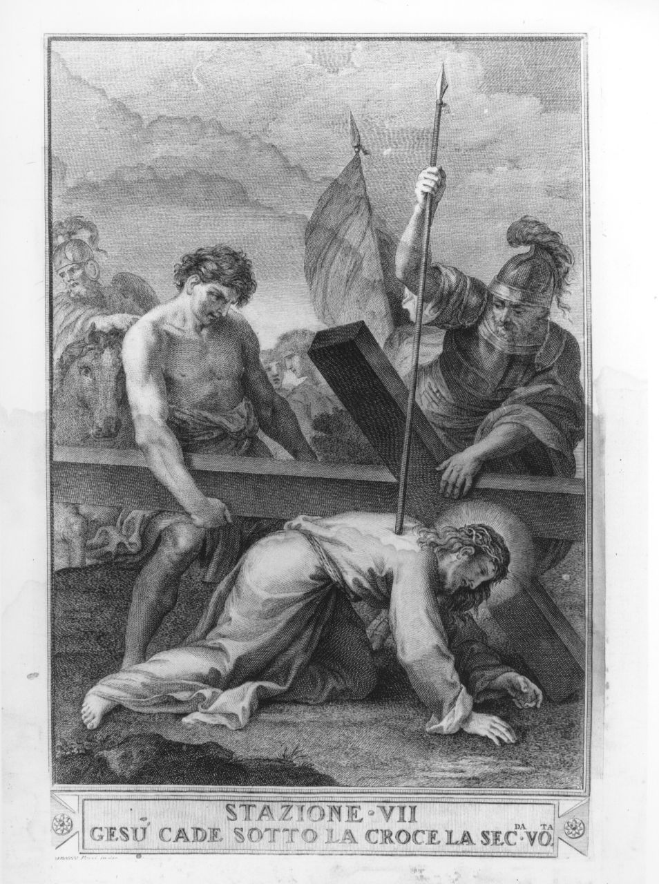 stazione VII: Gesù cade sotto la croce la seconda volta (stampa) di Perri Francesco (prima metà sec. XVII)