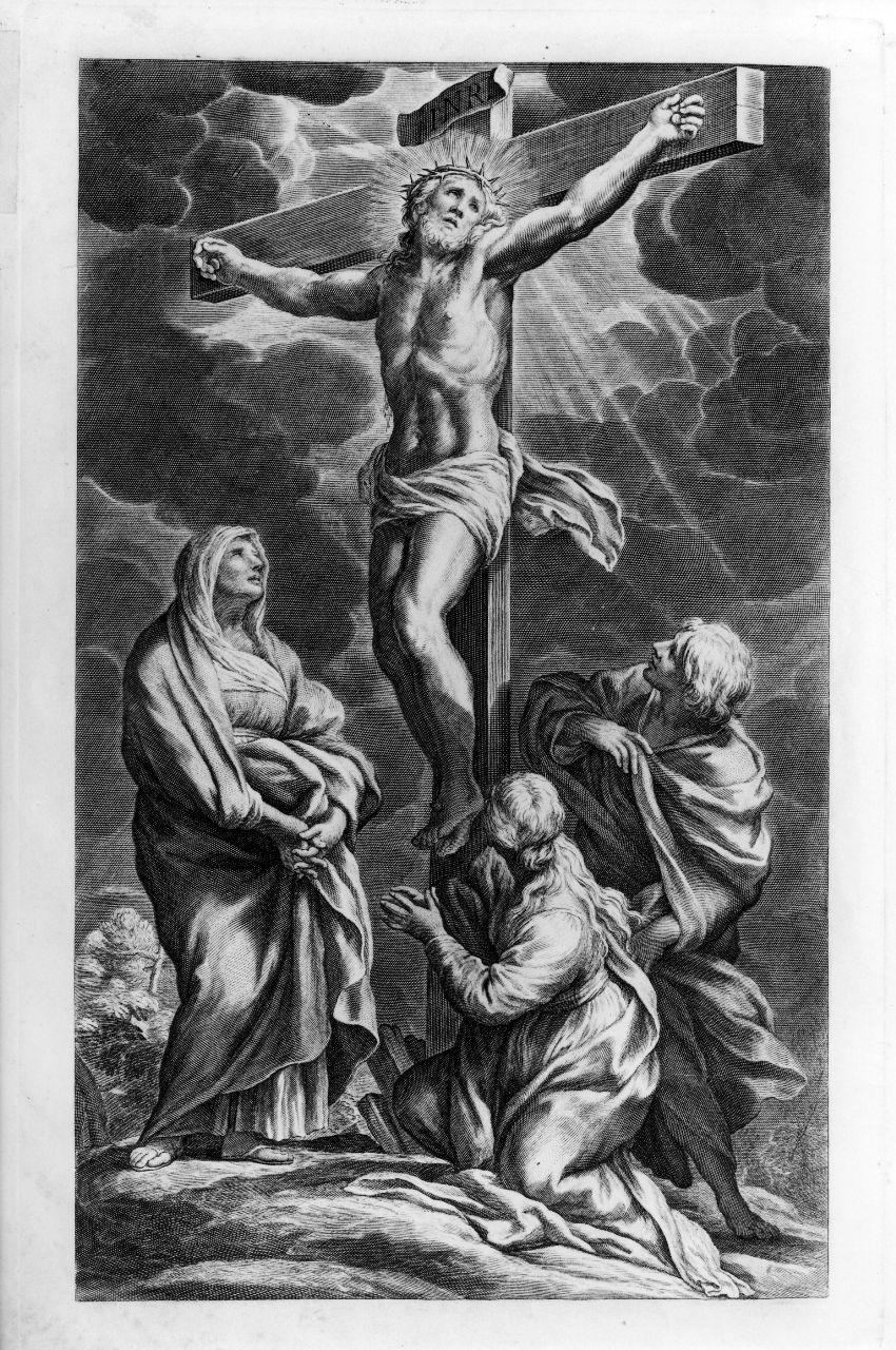 Cristo crocifisso con la Madonna, Santa Maria Maddalena, San Giovanni evangelista (stampa) - ambito italiano (sec. XVIII)
