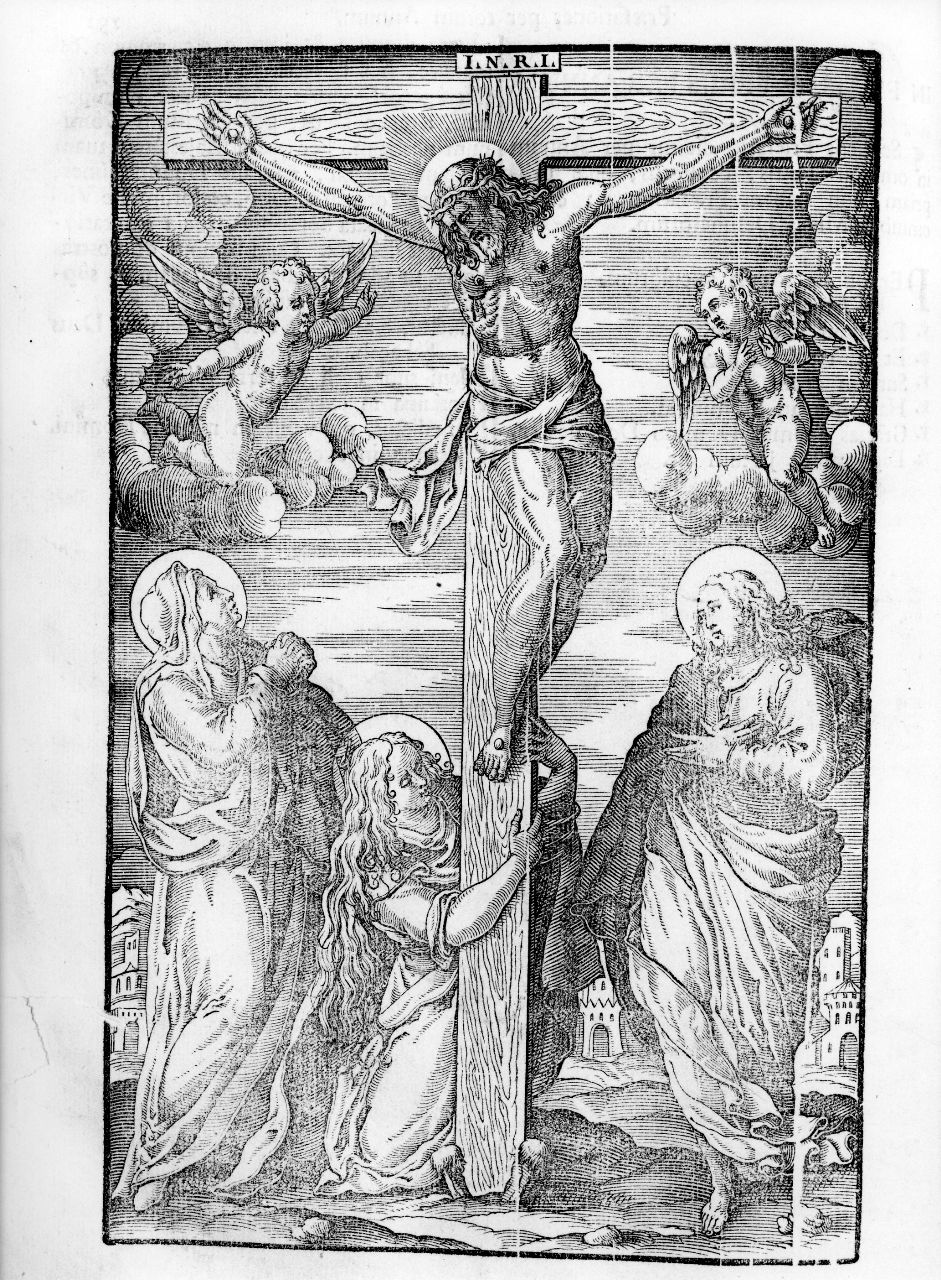 Cristo crocifisso con la Madonna, Santa Maria Maddalena, San Giovanni evangelista (stampa) - ambito romano (sec. XIX)