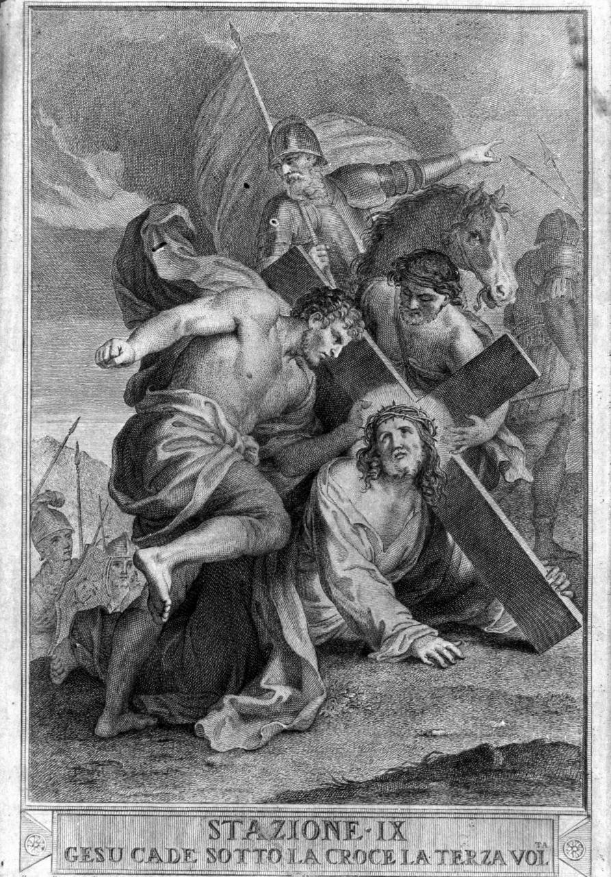 stazione V: Gesù aiutato da Simone il Cireneo a portare la croce (stampa, serie) di Perini Giuseppe Sforza (ultimo quarto sec. XVIII)