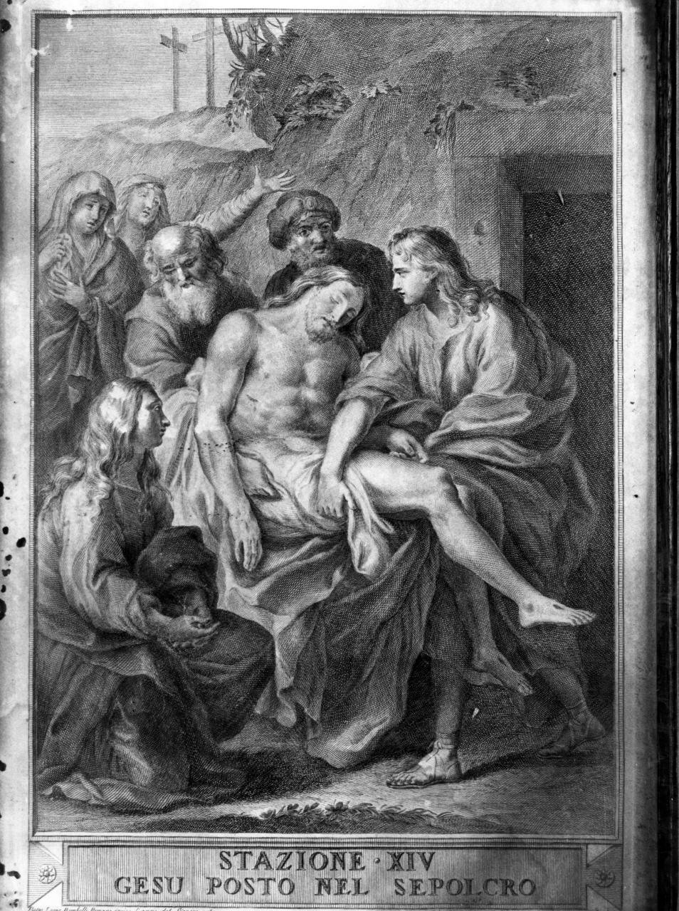 stazione XIV: Gesù deposto nel sepolcro (stampa, serie) di Bombelli Pietro Leone (ultimo quarto sec. XVIII)