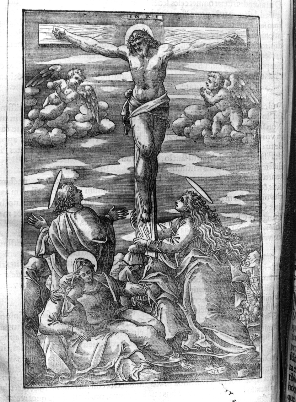 Cristo crocifisso con la Madonna, Santa Maria Maddalena e San Giovanni evangelista (stampa) - ambito veneto (secondo quarto sec. XVII)