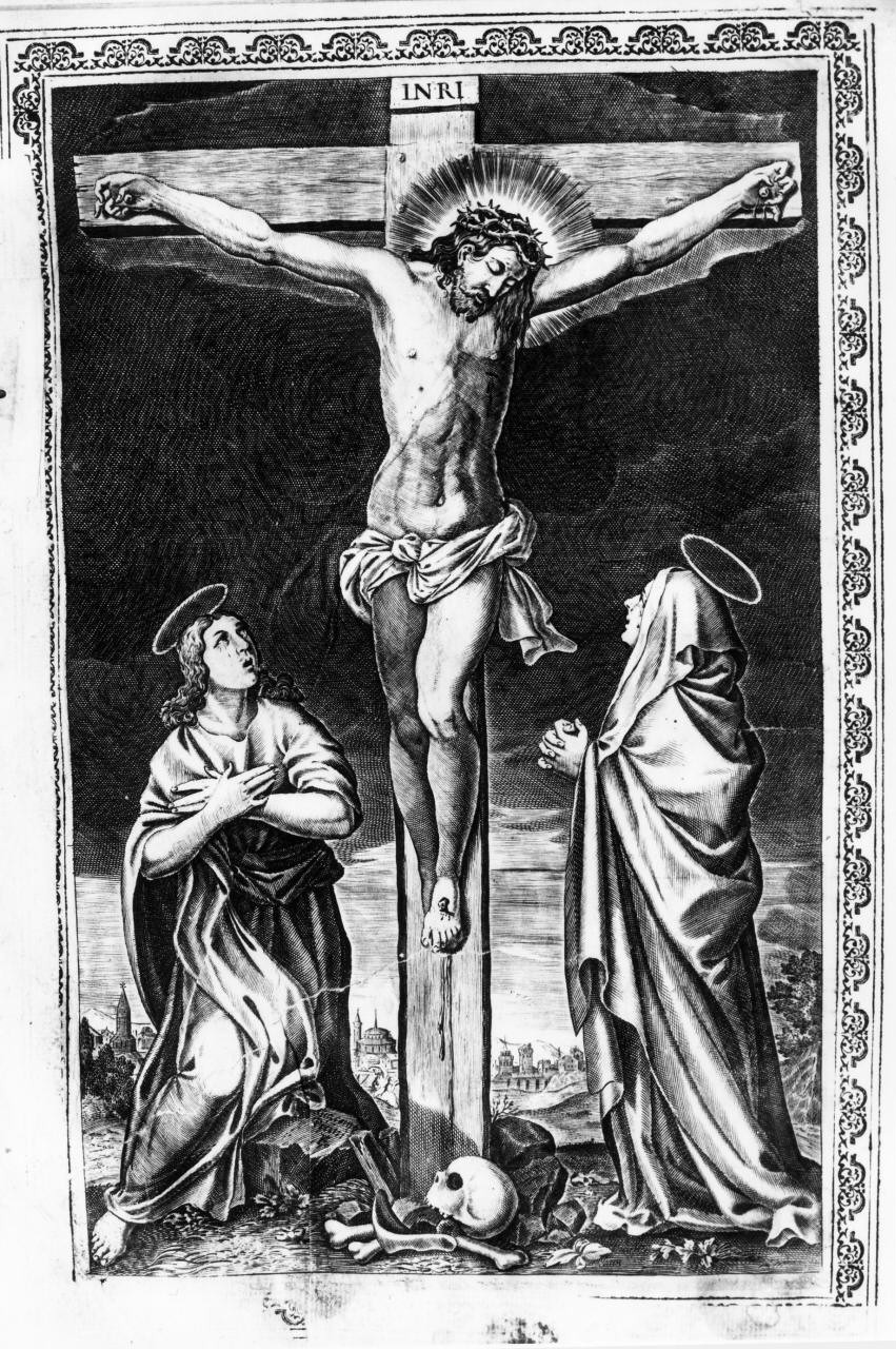 Cristo crocifisso con la Madonna, Santa Maria Maddalena e San Giovanni evangelista (stampa) - ambito veneto (secondo quarto sec. XVIII)