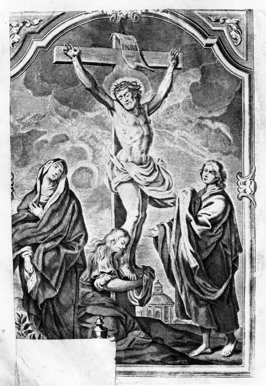 crocifissione di Cristo con la Madonna, San Giovanni Evangelista (stampa) - ambito veneto (terzo quarto sec. XVIII)