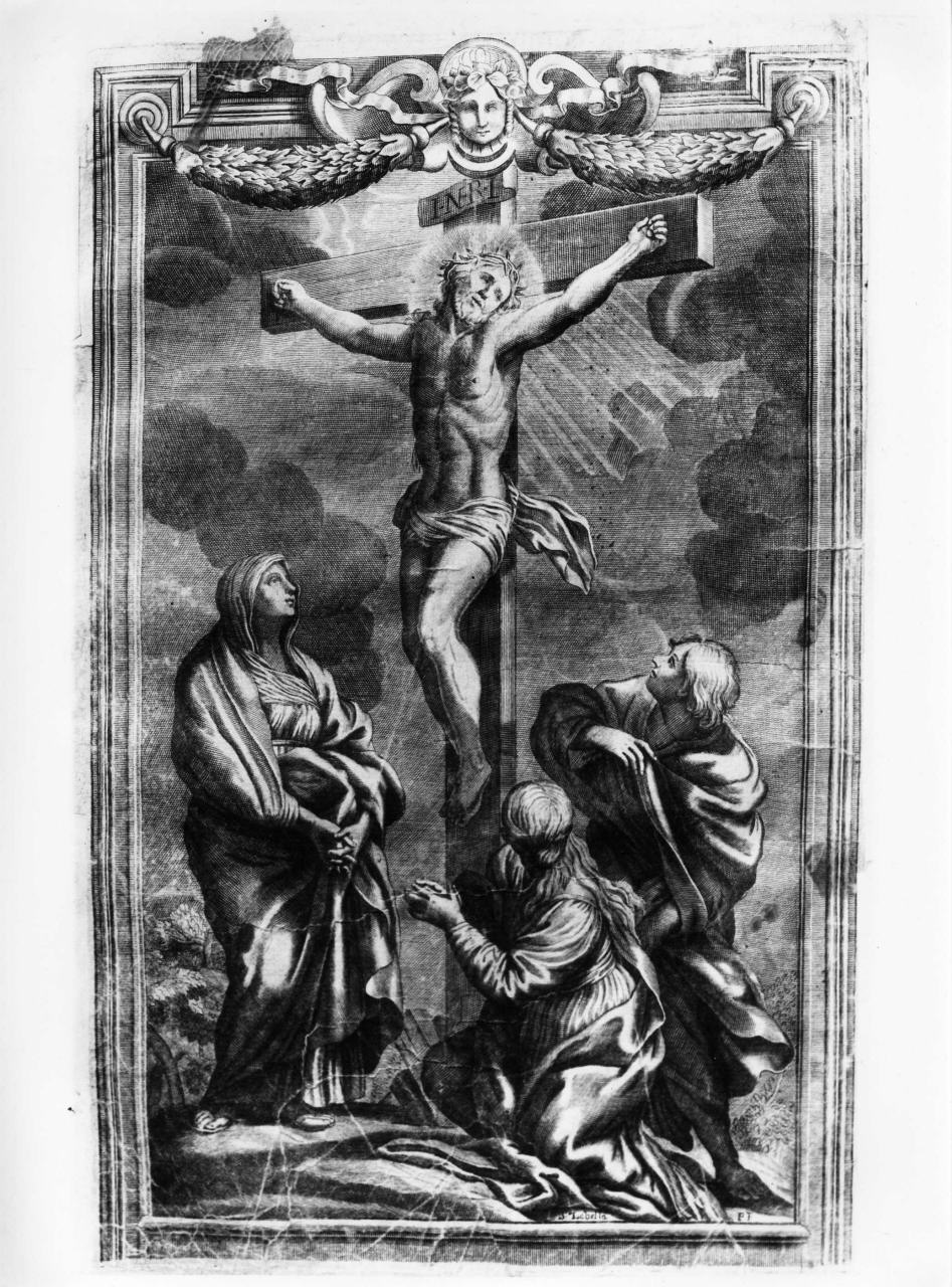 Cristo crocifisso con la Madonna, Santa Maria Maddalena e San Giovanni Evangelista (stampa) di Piccini Elisabetto detta Suor Isabella (sec. XVIII)