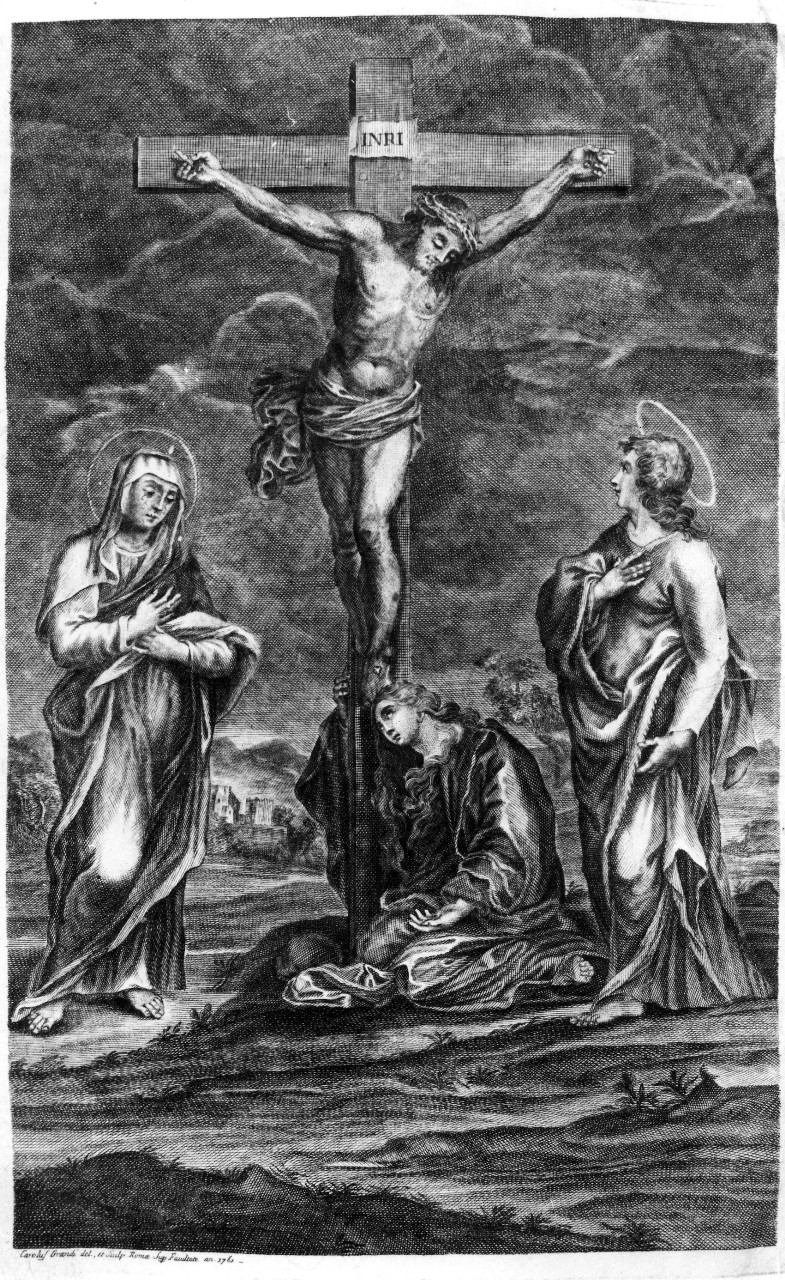 Cristo crocifisso con la Madonna, Santa Maria Maddalena e San Giovanni evangelista (stampa) di Grandi Carlo (terzo quarto sec. XVIII)
