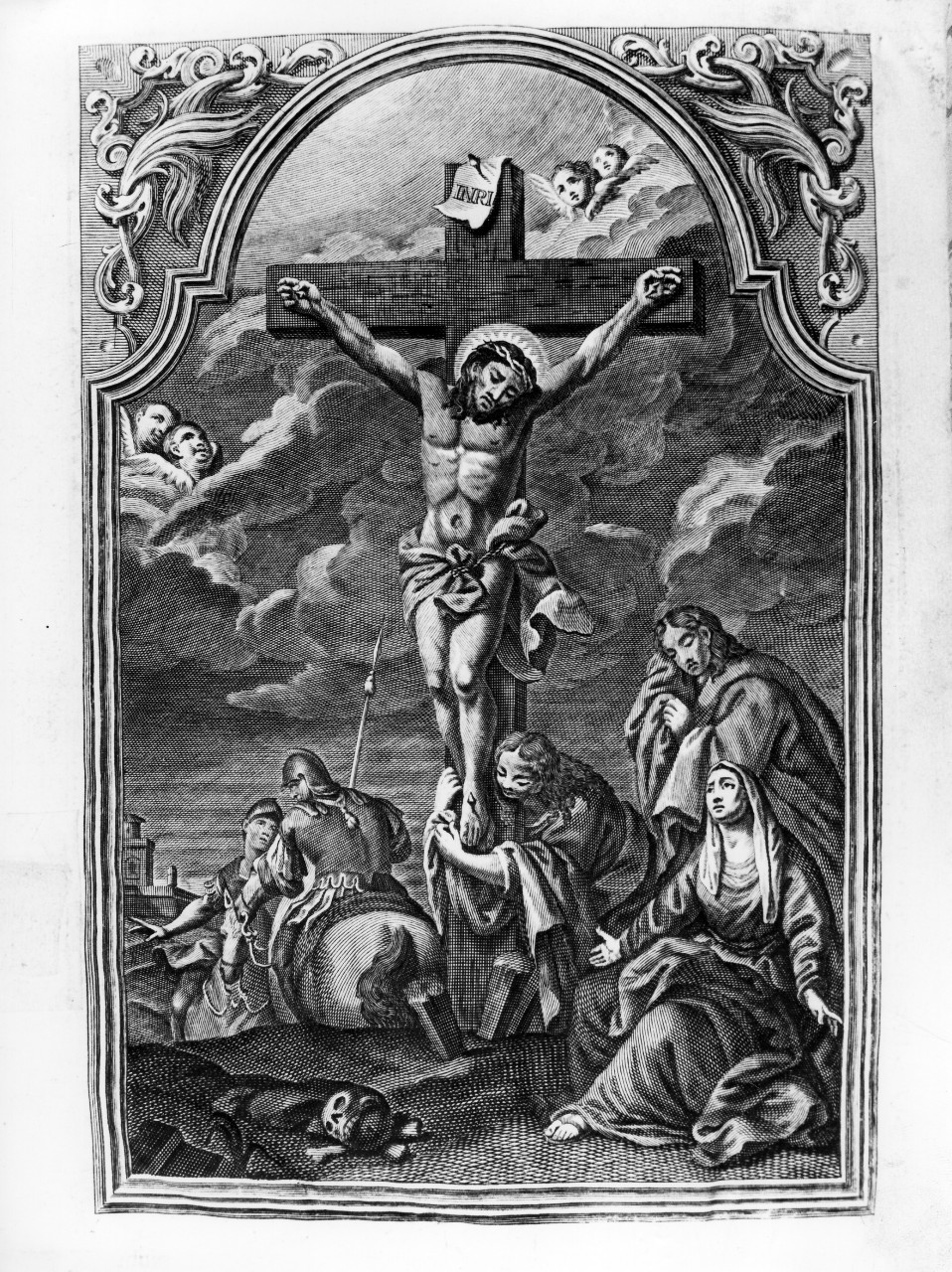 Cristo crocifisso con la Madonna, Santa Maria Maddalena e San Giovanni evangelista (stampa) - ambito veneto (terzo quarto sec. XVIII)