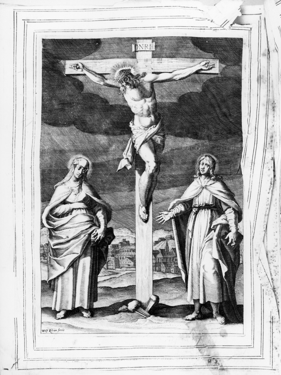Cristo crocifisso con Madonna e Santa Maria Maddalena (stampa) di Kilian Wolfang (secondo quarto sec. XVII)