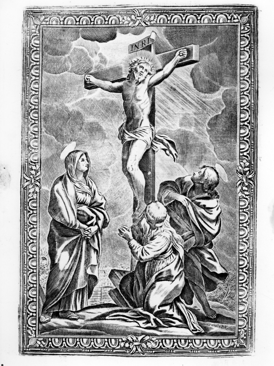 Cristo crocifisso con la Madonna, Santa Maria Maddalena e San Giovanni evangelista (stampa) di Piccini Elisabetto detta Suor Isabella (secondo quarto sec. XVIII)