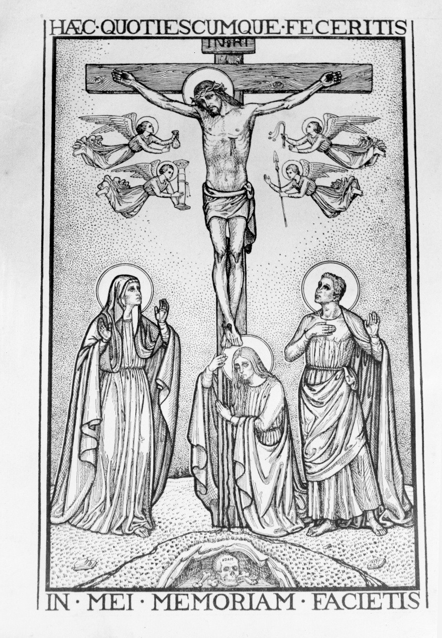 Cristo crocifisso con la Madonna, Santa Maria Maddalena, San Giovanni Evangelista (stampa) - ambito italiano (secondo quarto sec. XX)