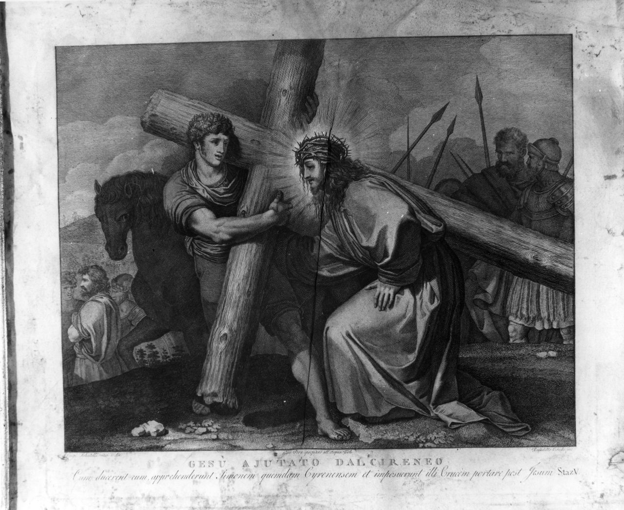 stazione V: Gesù aiutato da Simone il Cireneo a portare la croce (stampa, serie) di Pera Giuseppe, Sabatelli Luigi, Eredi Benedetto (inizio sec. XIX)