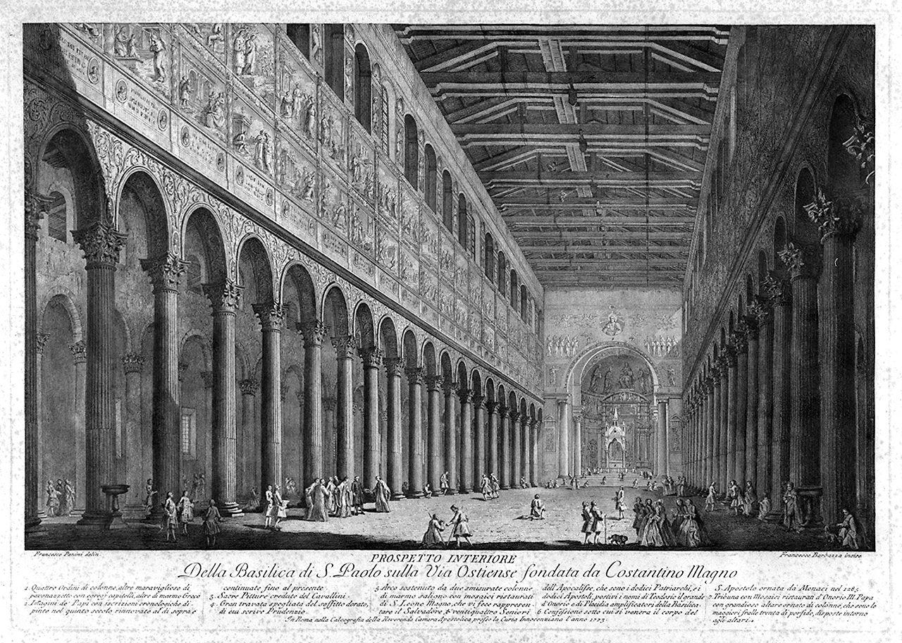 veduta della basilica di San Paolo fuori le mura a Roma (stampa) di Barbazza Francesco, Panini Francesco (sec. XVIII)