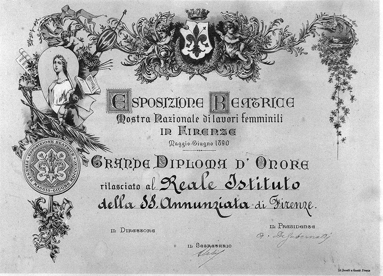 ritratto di Beatrice Portinari tra motivi decorativi, putti ed emblema della città di Firenze (stampa) - ambito fiorentino (sec. XIX)