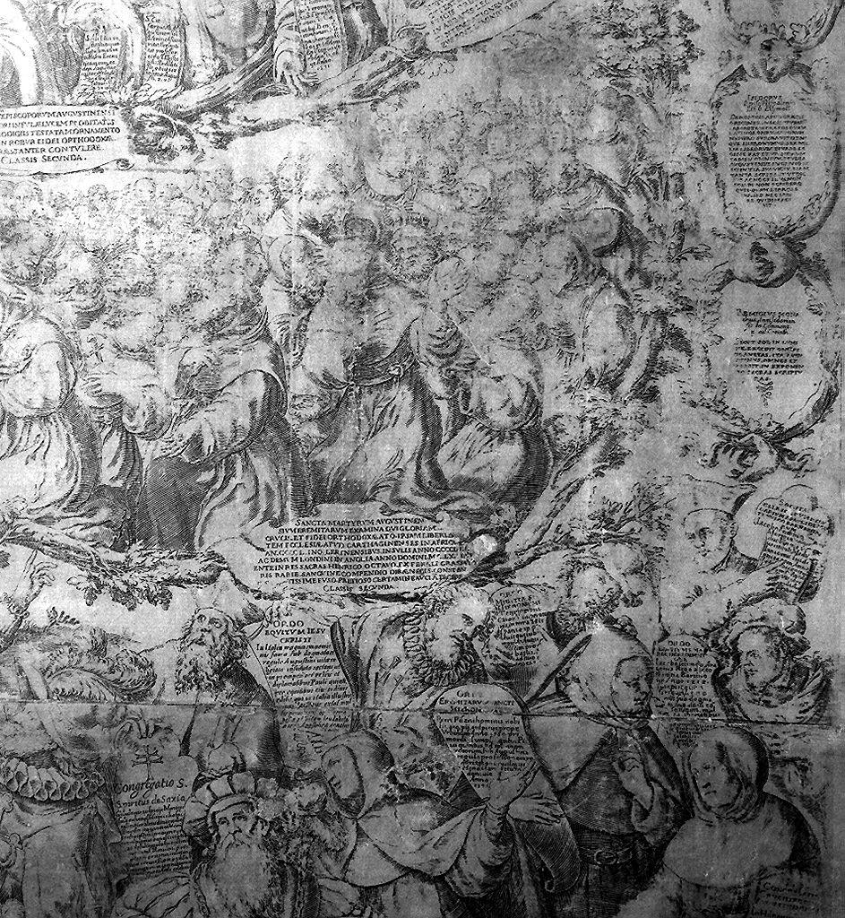 Mysticae augustinensis eremi sacrum gloriae decorisq(ue) theatrum, albero genealogico dell'ordine agostiniano (stampa, serie) di Gatti Oliviero (sec. XVII) 