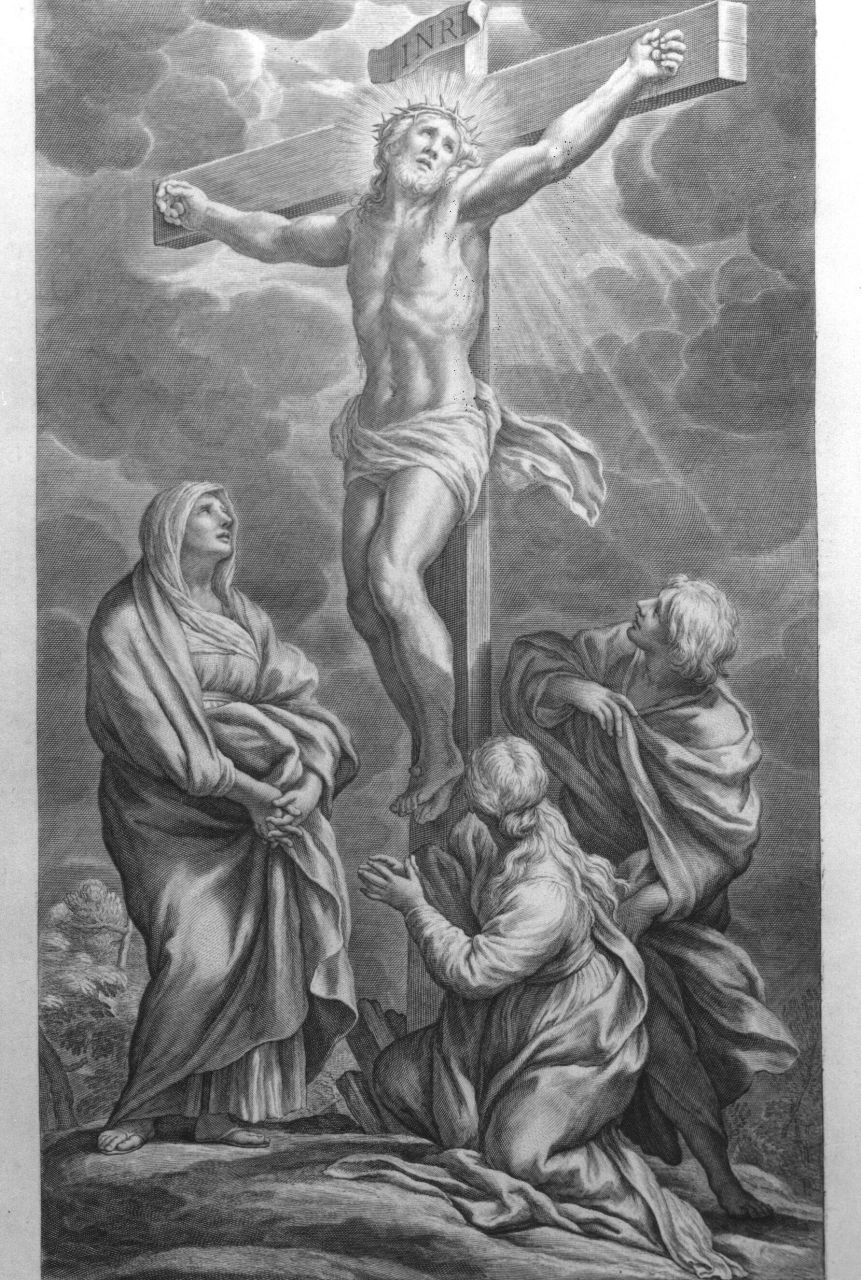 Cristo crocifisso con la Madonna, Santa Maria Maddalena e San Giovanni Evangelista (stampa) - ambito dell'Italia centrale (sec. XVII)