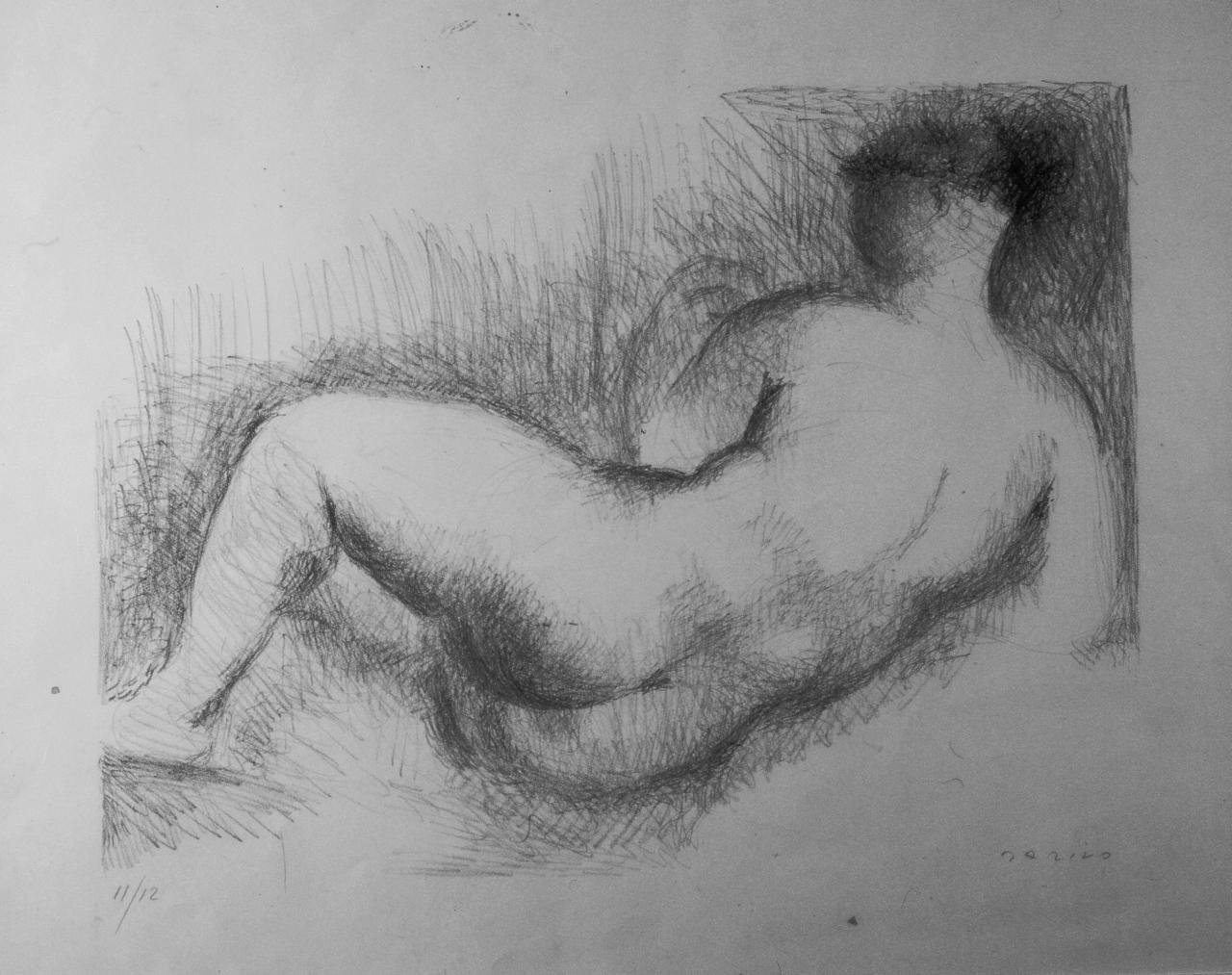 Riposo, figura femminile nuda sdraiata (stampa) di Marini Marino (sec. XX)