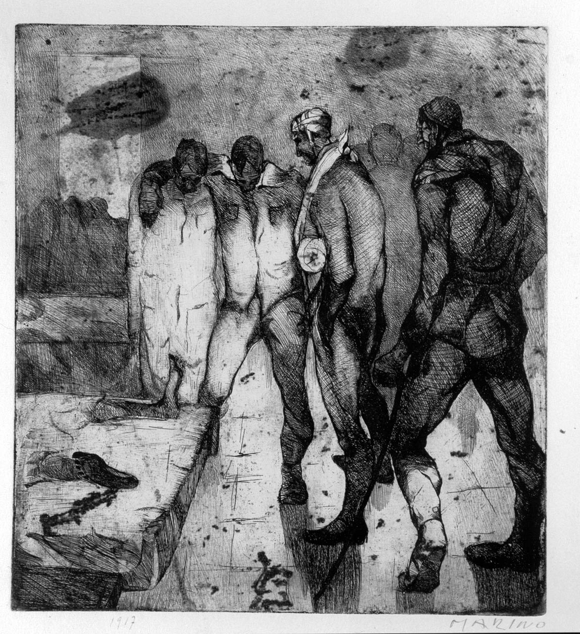 La guerra del 1914, interno d'ospedale con soldati feriti (stampa) di Marini Marino (sec. XX)