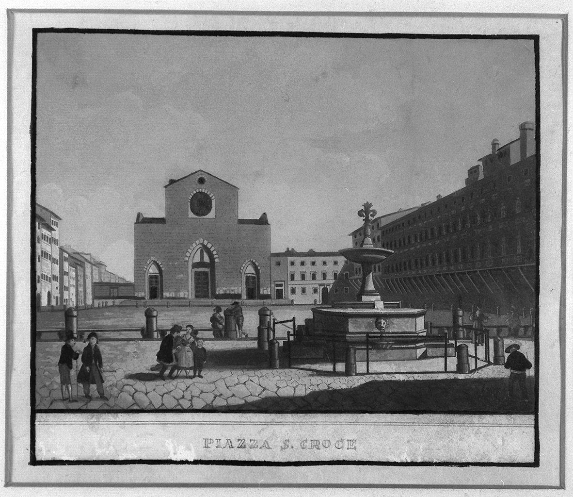 veduta di piazza S. Croce a Firenze (stampa colorata a mano) - ambito fiorentino (sec. XIX)