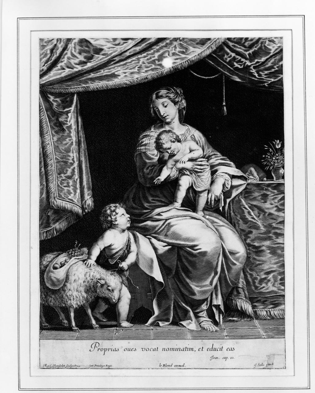 Madonna con Bambino e san Giovannino (stampa smarginata) di Stella Jacques, Rousselet Egidius (prima metà sec. XVII)