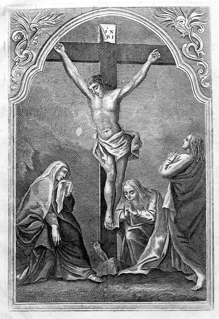 Cristo crocifisso con la Madonna, Santa Maria Maddalena e San Giovanni Evangelista (stampa) - ambito italiano (sec. XIX)