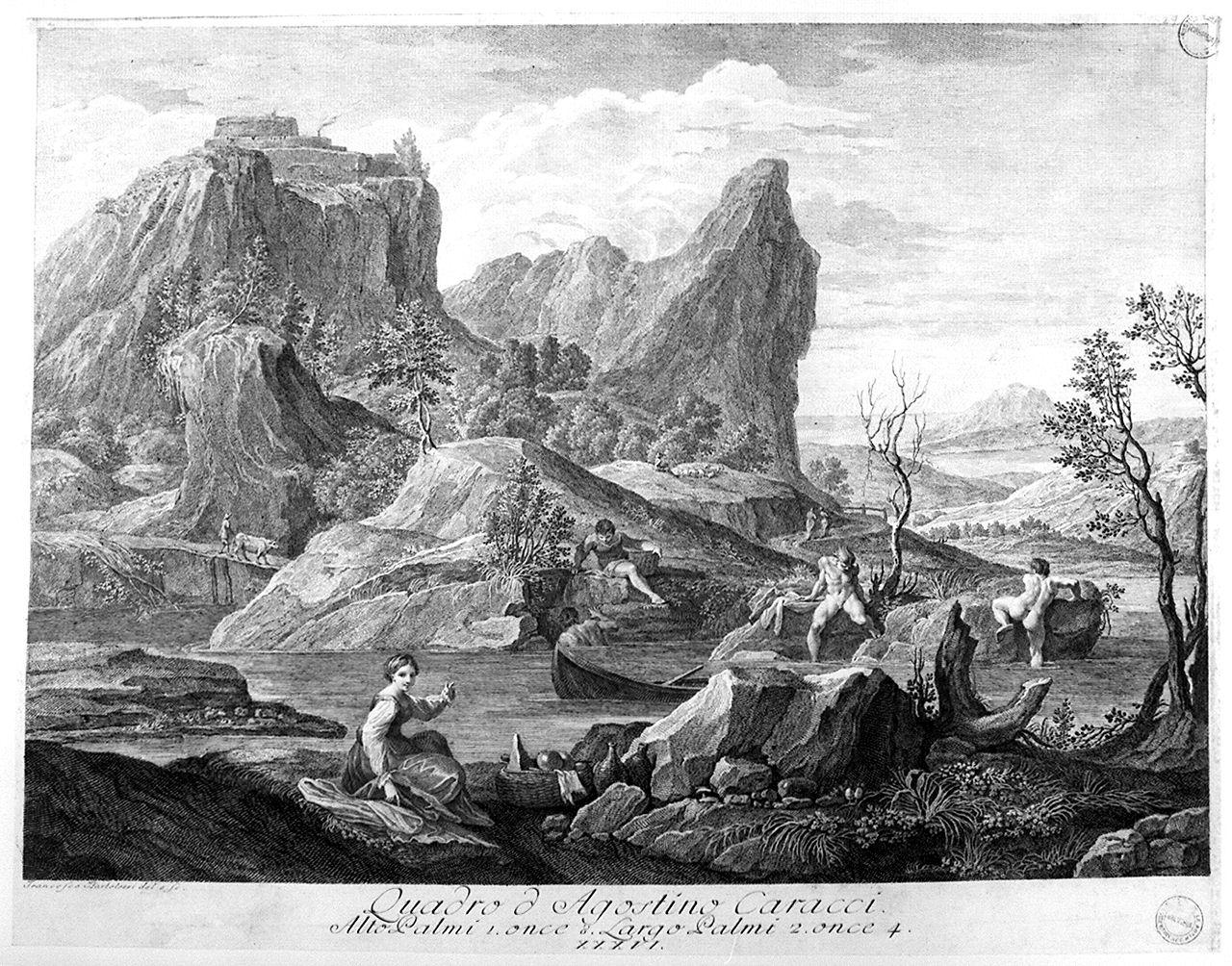 paesaggio roccioso (stampa smarginata) di Bartolozzi Francesco, Carracci Agostino (sec. XVIII)