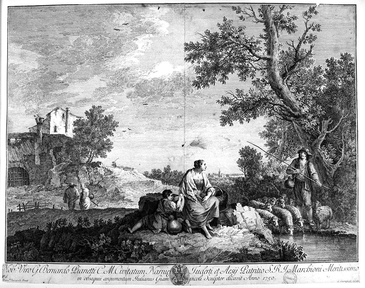 paesaggio con contadini (stampa smarginata) di Giampiccoli Giuliano, Zuccarelli Francesco (sec. XVIII)