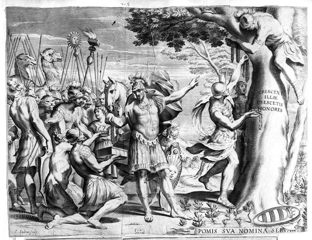 Serse fa attaccare collane ai rami di un albero (stampa smarginata) di Audran Charles (sec. XVII)