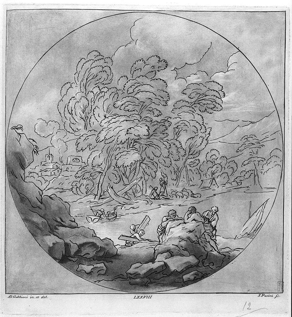paesaggio fluviale (stampa) di Pacini Sante, Gabbiani Anton Domenico (sec. XVIII)