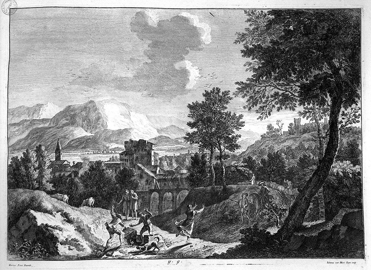 paesaggio con figure (stampa, serie) di Giampiccoli Giuliano, Ricci Marco (sec. XVIII)