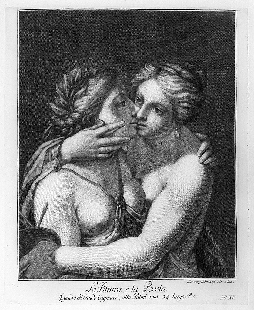 Pittura e Poesia, figure allegoriche femminili (stampa) di Lorenzi Lorenzo, Cagnacci Guido (sec. XVIII)