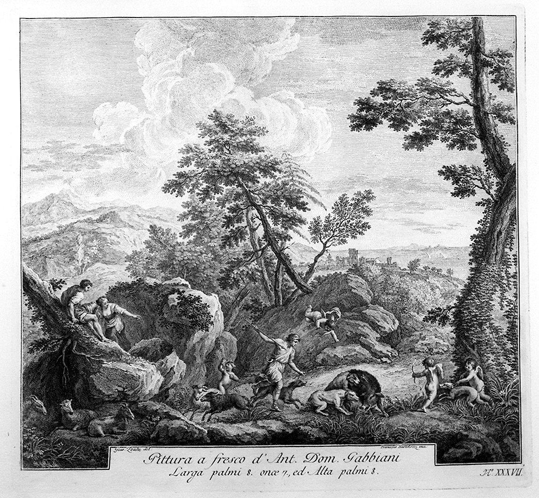 caccia al cinghiale (stampa) di Bartolozzi Francesco, Zocchi Giuseppe, Gabbiani Anton Domenico (sec. XVIII)