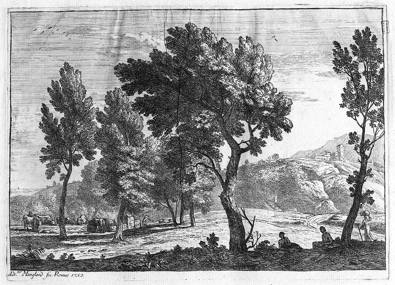 paesaggio con animali (stampa) di Manglard Adrien (sec. XVIII)