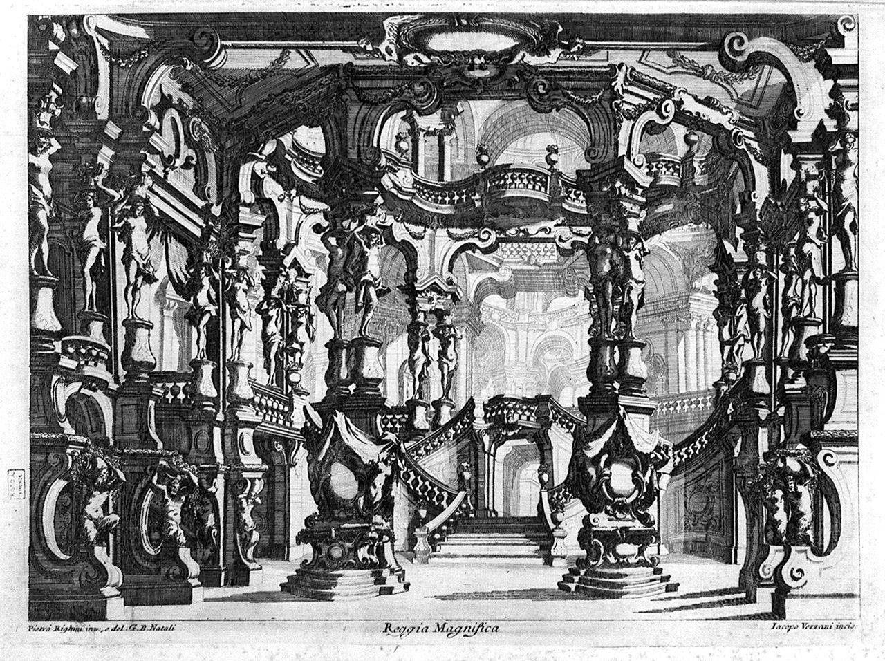 architetture scenografiche (stampa tagliata, serie) di Vezzani Giacomo, Natali Giovanni Battista, Righini Pietro (prima metà sec. XVIII)