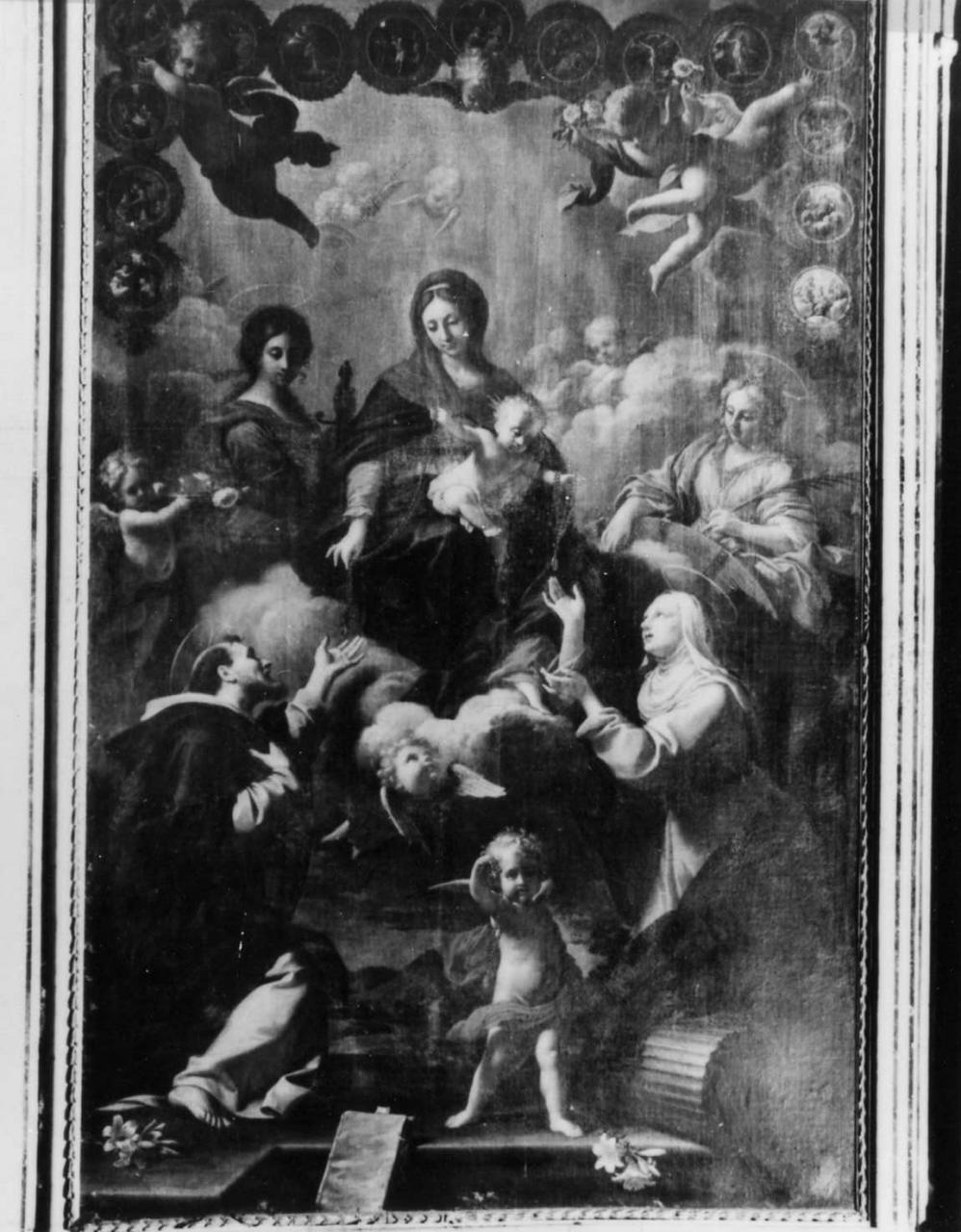 Madonna del Rosario con San Domenico, Santa Caterina da Siena, Santa Caterina d'Alessandria, Santa Dorotea e misteri del rosario (dipinto) di Franchi Antonio (sec. XVIII)