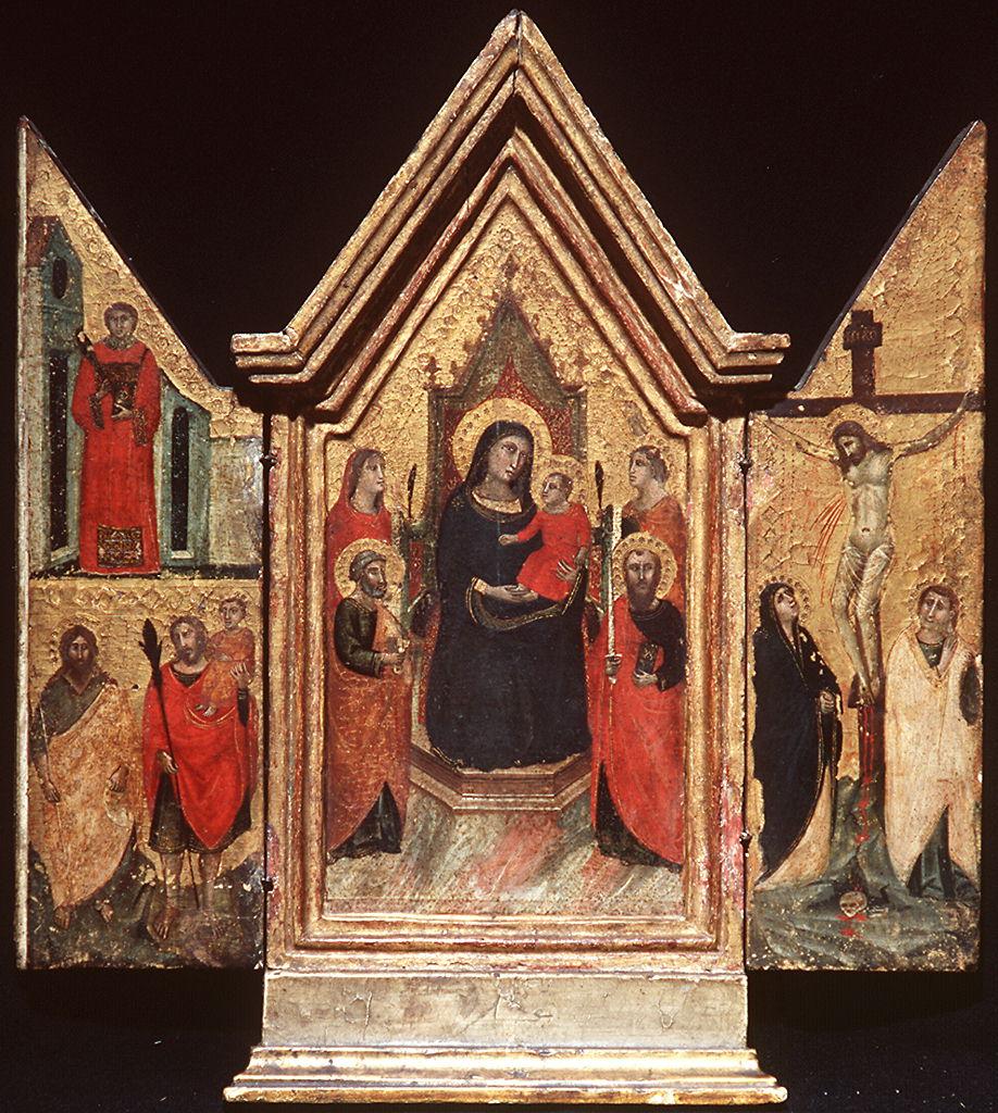 Cristo crocifisso, Dio Padre, Michele arcangelo, Gabriele arcangelo, simbolo di san Giovanni evangelista (croce processionale) - bottega toscana (seconda metà sec. XV)