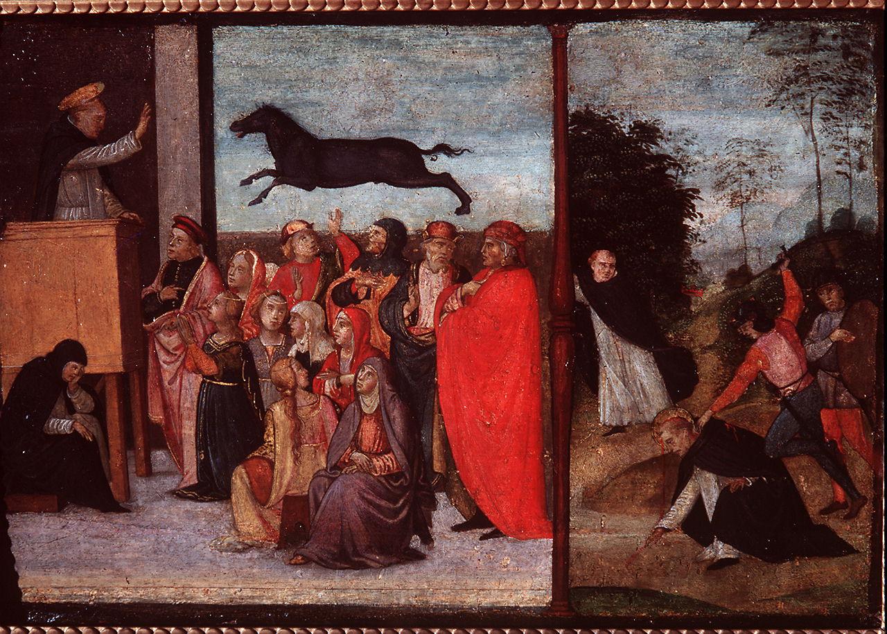 predica e martirio di San Pietro Martire (dipinto) di Maestro di Marradi (inizio sec. XVI)