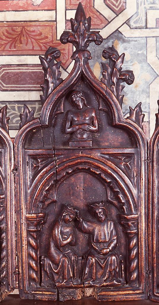incoronazione di Maria Vergine, Cristo in pietà (anta di altarolo portatile) - ambito bolognese (fine/inizio secc. XIV/ XV)