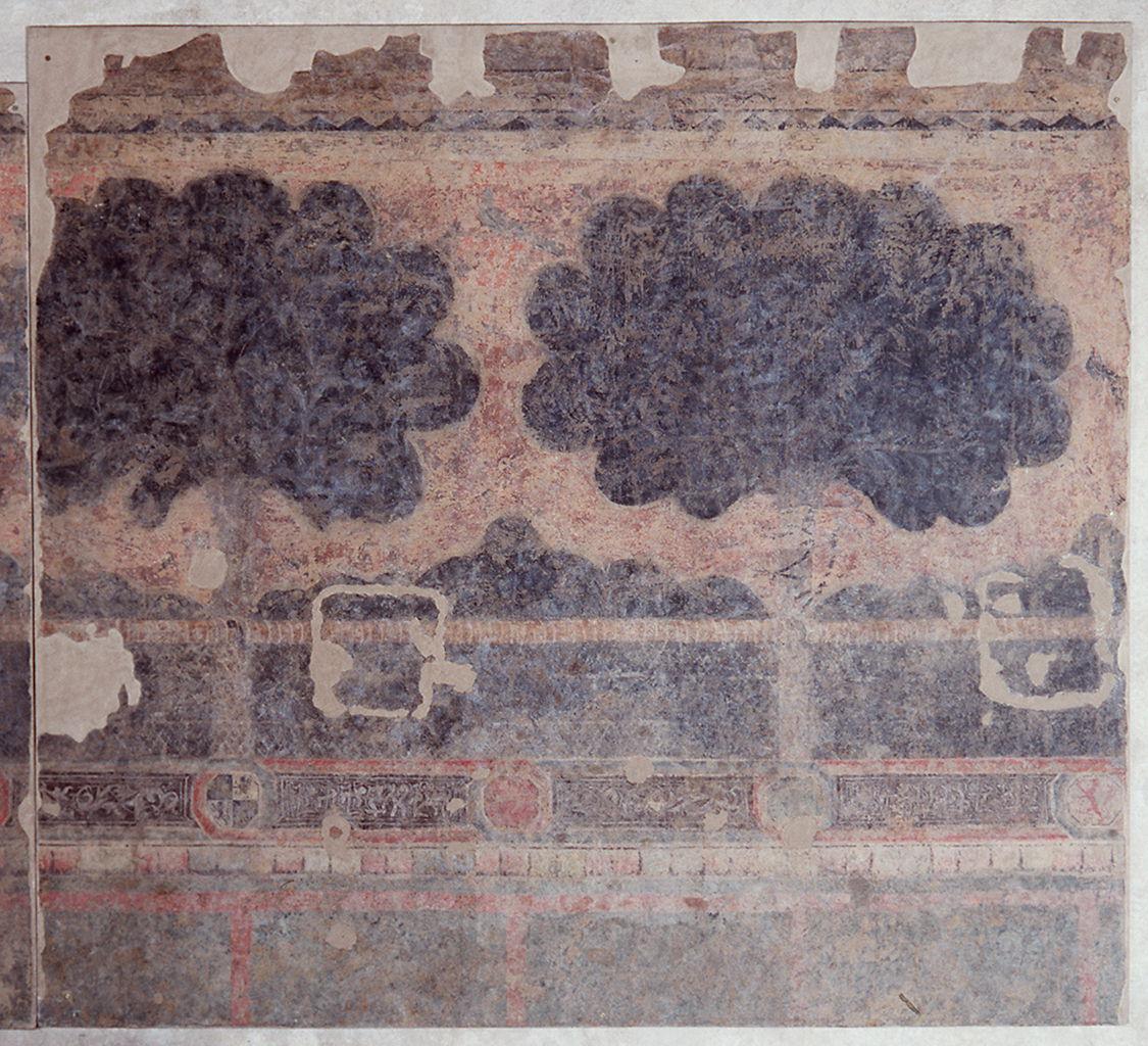 motivo decorativo a finto tendaggio, stemmi gentilizi (dipinto) - ambito fiorentino (sec. XIV)