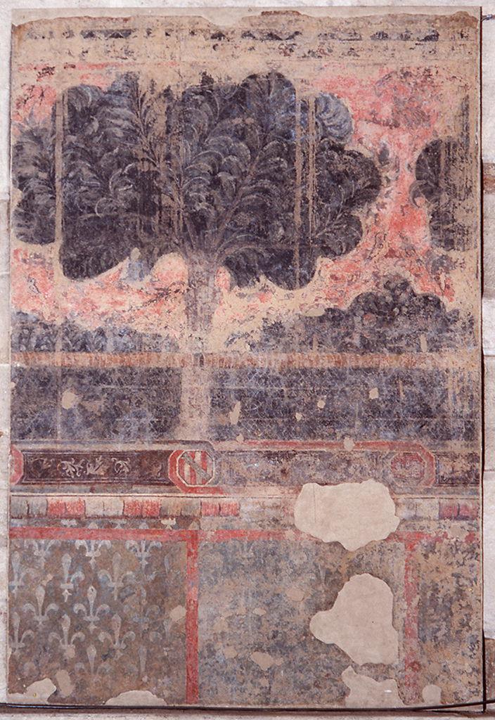 motivo decorativo a finto tendaggio e alberi, armi gentilizie (dipinto) - ambito fiorentino (sec. XIV)
