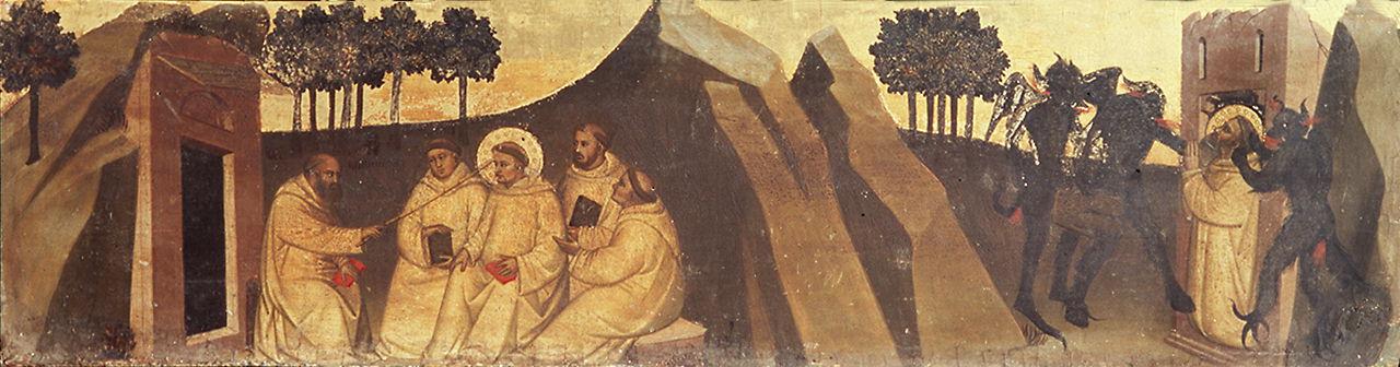 San Romualdo rimproverato dall'eremita Marino, San Romualdo tormentato dai demoni (scomparto di predella) di Nardo di Cione (sec. XIV)