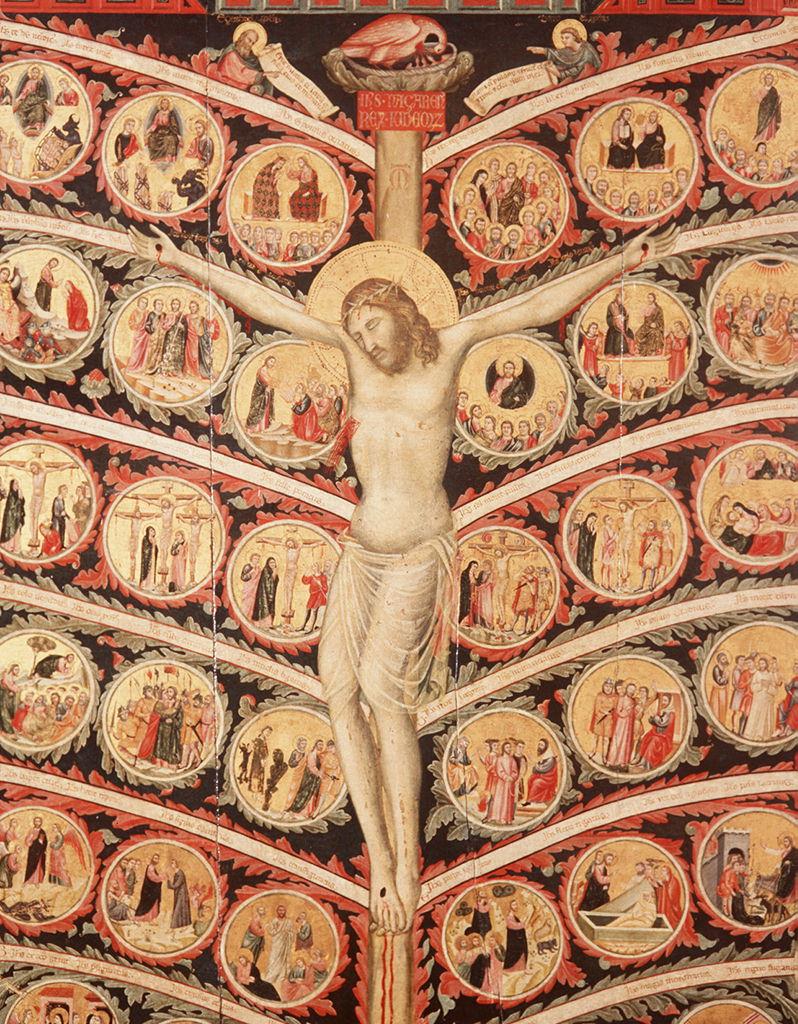 Cristo crocifisso, pellicano che imbocca i piccoli nel nido, profeti (dipinto) di Pacino di Buonaguida (sec. XIV)