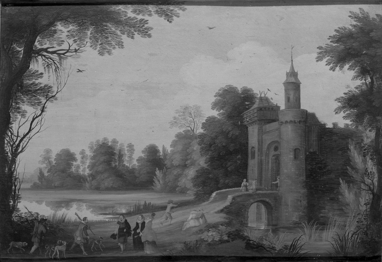 paesaggio con un castello presso uno stagno (dipinto) di Van Oosten Isaac (attribuito) (sec. XVII)