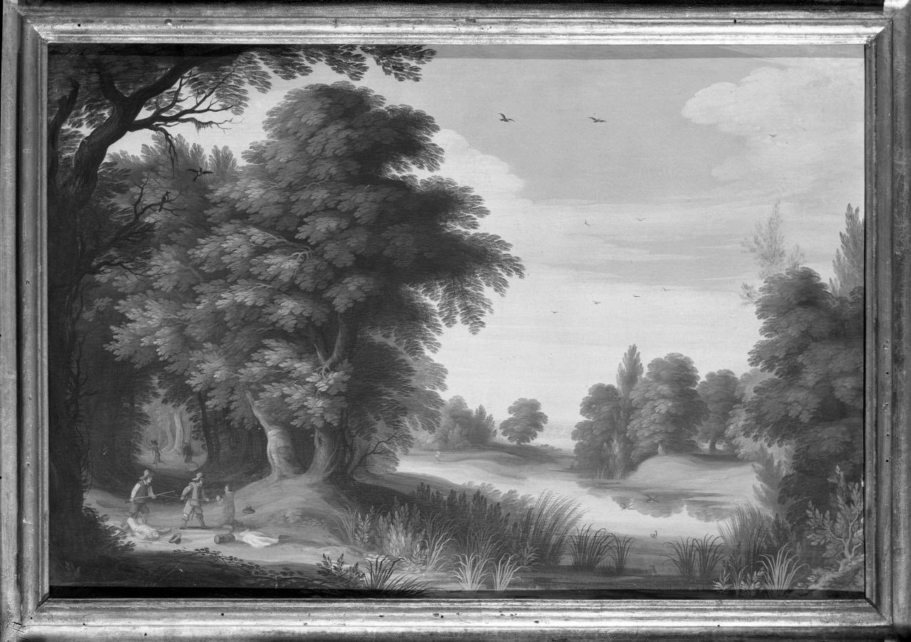 paesaggio con foresta e briganti che assalgono dei viaggiatori (dipinto) di Van Oosten Isaac (attribuito) (sec. XVII)