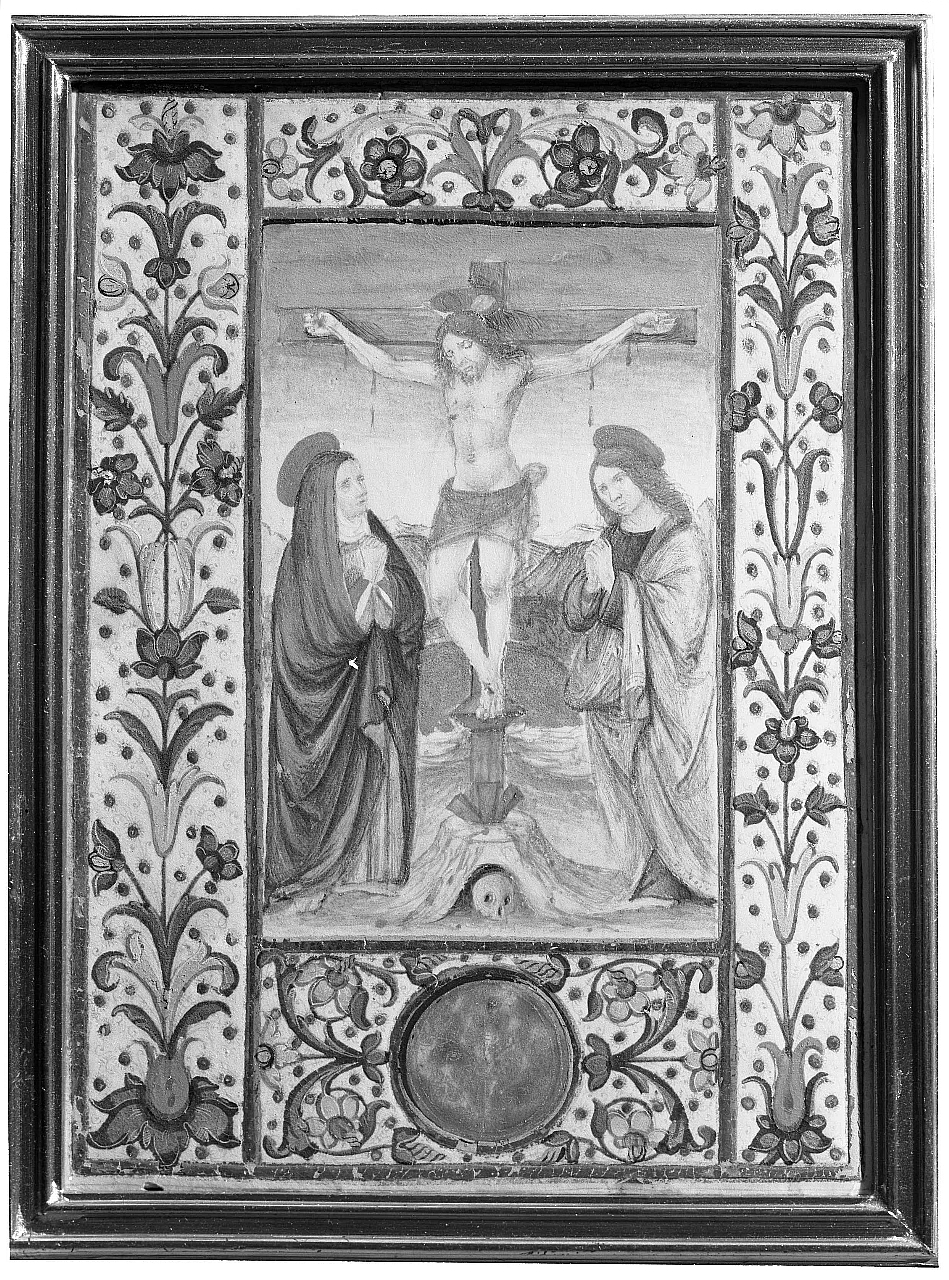 crocifissione di Cristo con la Madonna e San Giovanni Evangelista (miniatura) - ambito fiorentino (sec. XV)